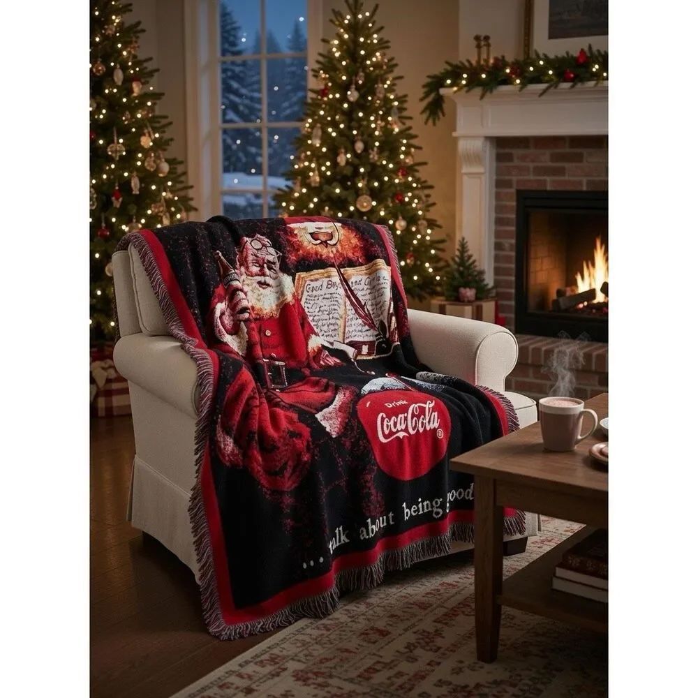 Vintage 1994 Coca Cola Santa Clause Christmas Holiday Woven Fringe Throw Blanket